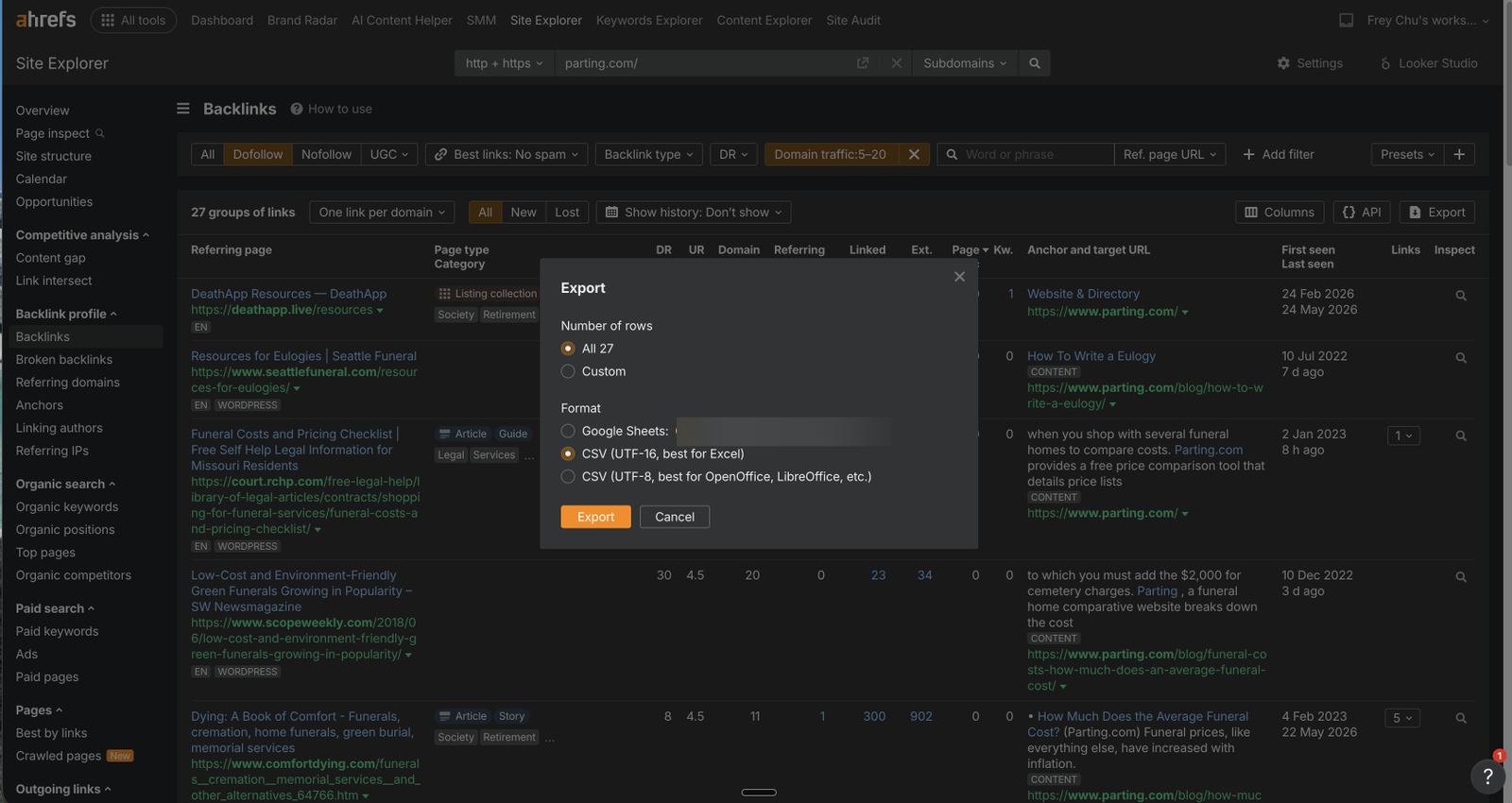 The Ahrefs export dialog with row count options and CSV format choices